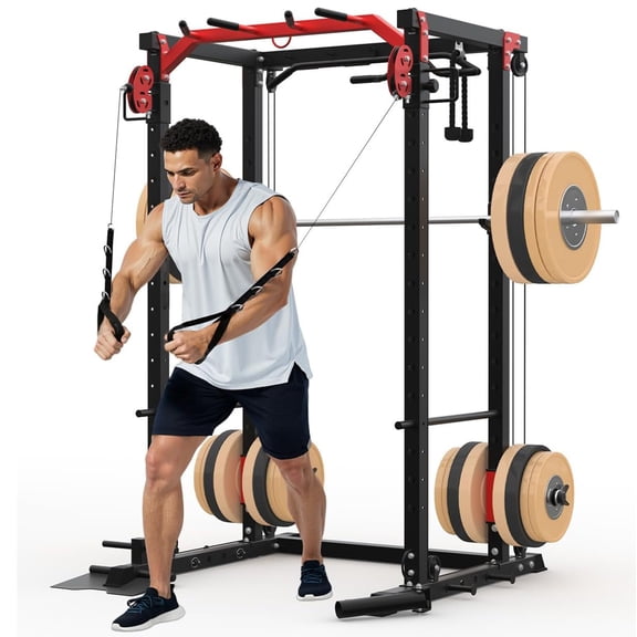 Lumiparty 2000 lb Power Cage & Cable Crossover Rack, LAT Pull-Down / Low-Row Pulley System, Full-Body Strength Trainer for Home Gym, Black & Red