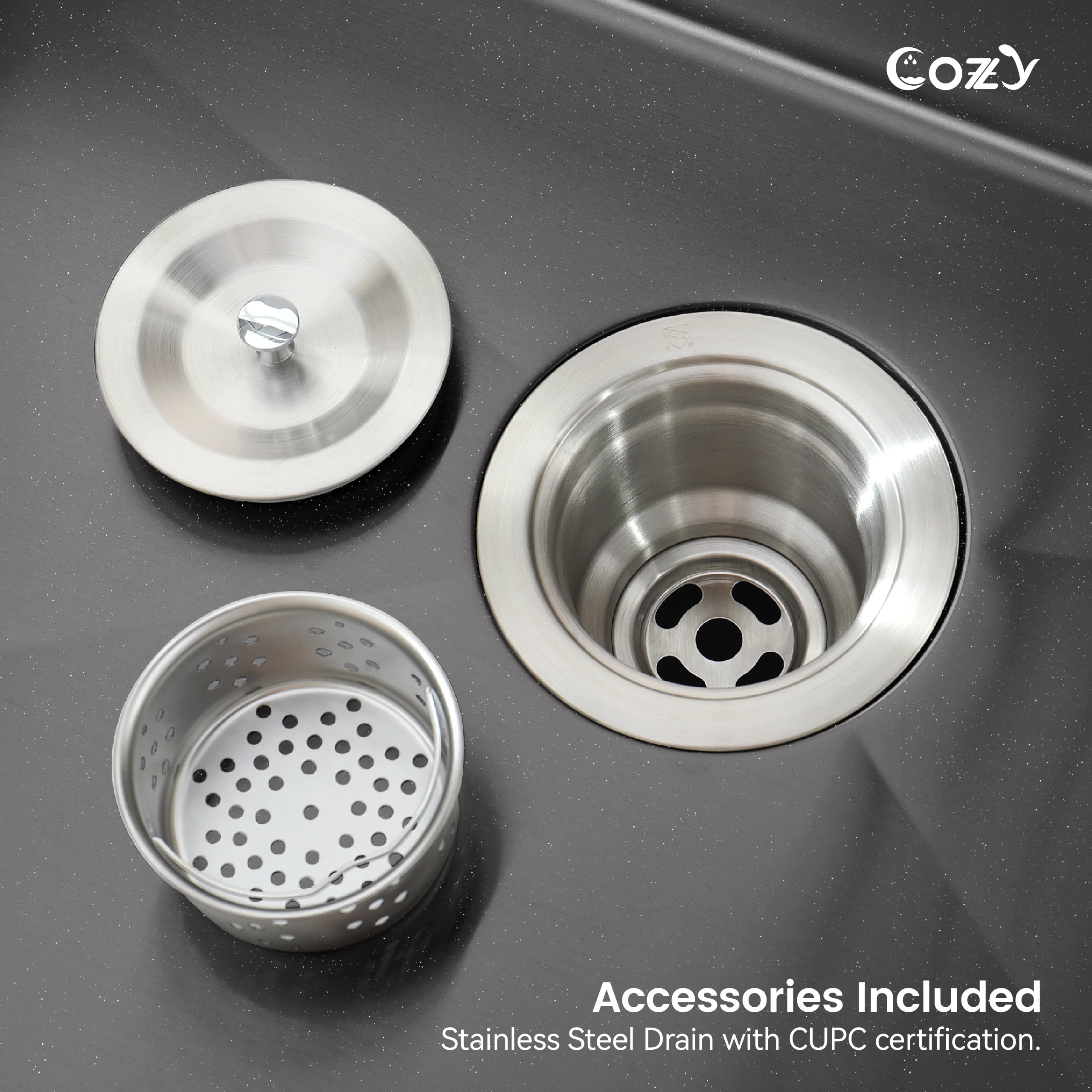 23″x19″ Stainless Steel Kitchen Sink, Single Bowl, Overmount Handmade Sink in Black, with US Standard Drain and Hook, SS-BL02D-231908-2