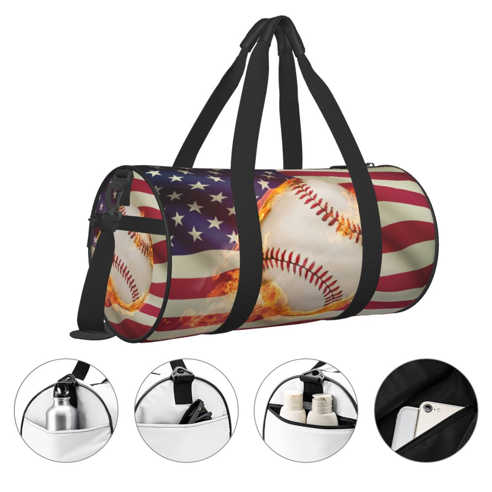 Horeoi Baseball Ball With Flag Print Foldable Travel Duffle Bag with Removable Strap - Water-Resistant Gym Vacation Luggage Multi-Pocket Design