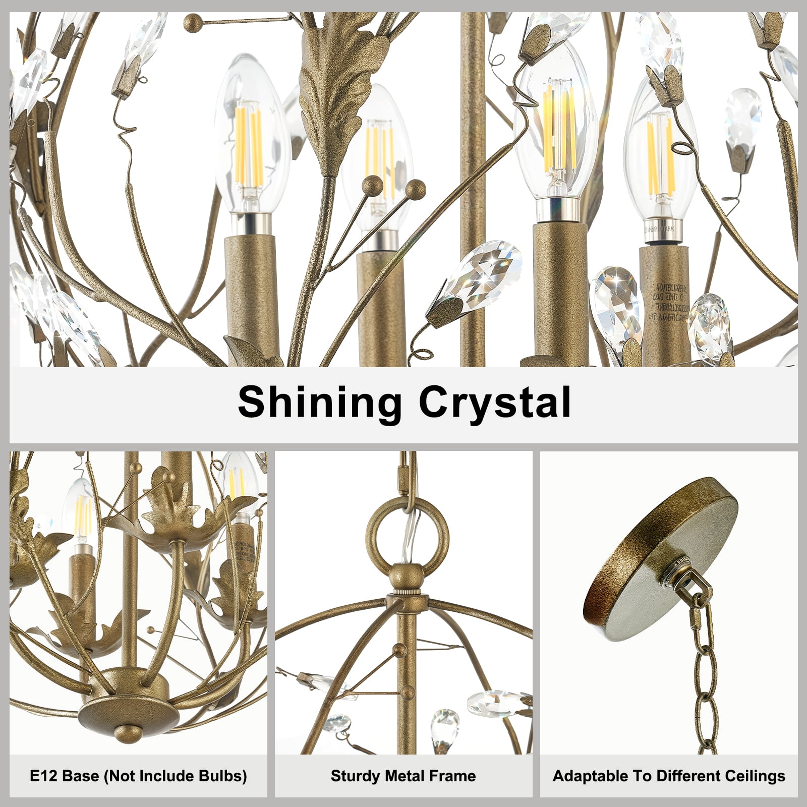 NATYSWAN Crystal Chandelier Ceiling Light with 4 Lights (Bulbs Not Included), E12 Base Max 60W Each, USB-A & USB-C Charging Ports, 60 Inch Chain, for Indoor Dining Room, Foyer, Kitchen