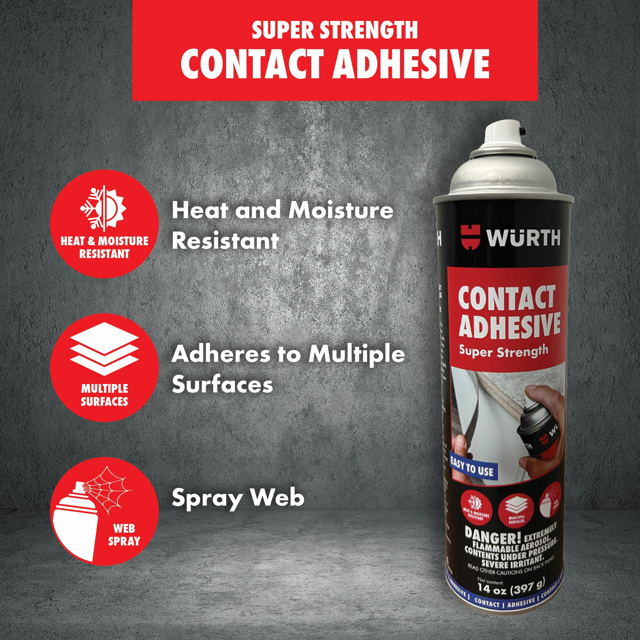 Würth  Super Strength Spray Adhesive, Multi-Surface, 14oz, Clear, Fast-Tack, Contact Glue