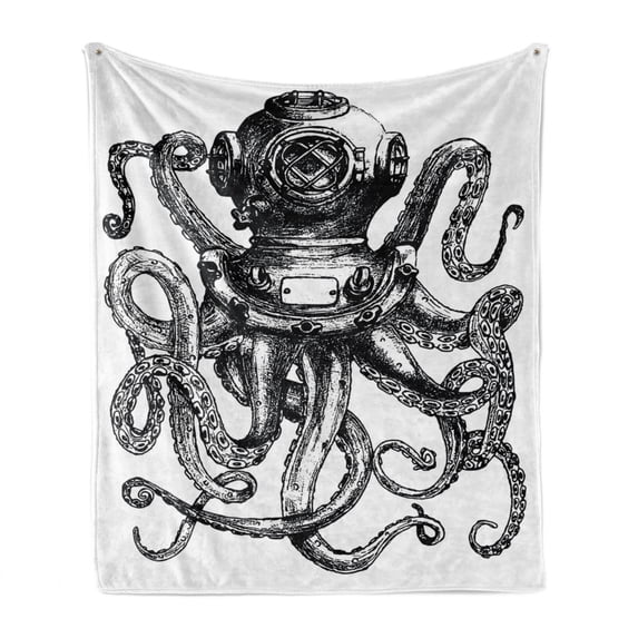 Octopus Soft Flannel Fleece Throw Blanket, Vintage Style Diver Octopus Marine Animal Tentacles Scuba Concept, Cozy Plush for Indoor and Outdoor Use, 50" x 70", Charcoal Grey and White, by Ambesonne