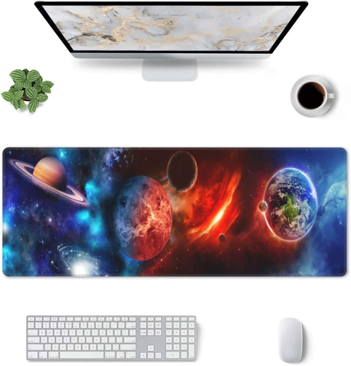 Space Galactic Earth Gaming Mouse Pad XL, Extended Stitched Edges Mousepad, Large Mouse Mat Desk Pad, Long Non-Slip Rubber Base Mice Pad（31.5x12 Inch）
