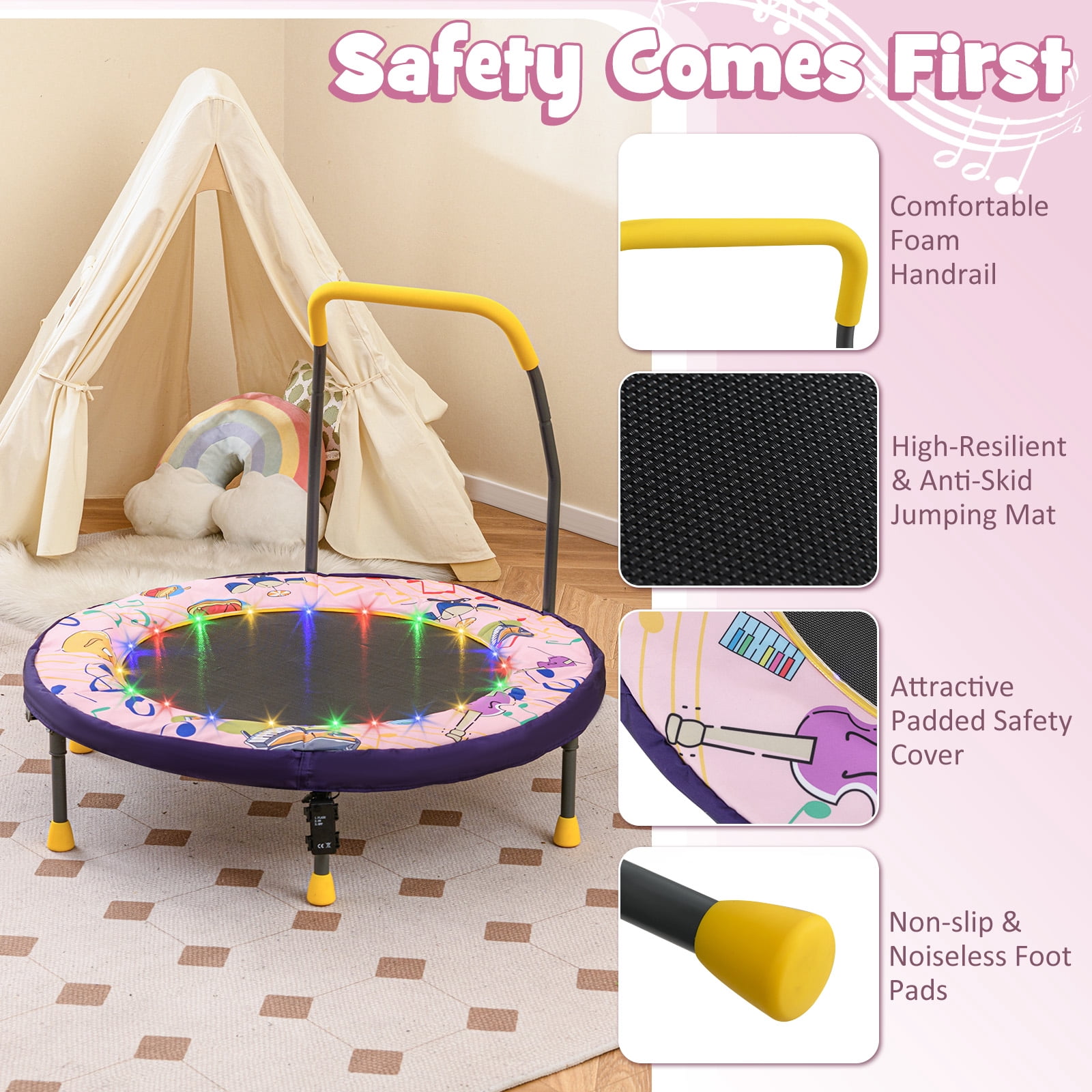 Gymax 36'' Foldable Kid Trampoline w/ 20 LED Lights Foam Handlebar Padded Safety Cover Pink