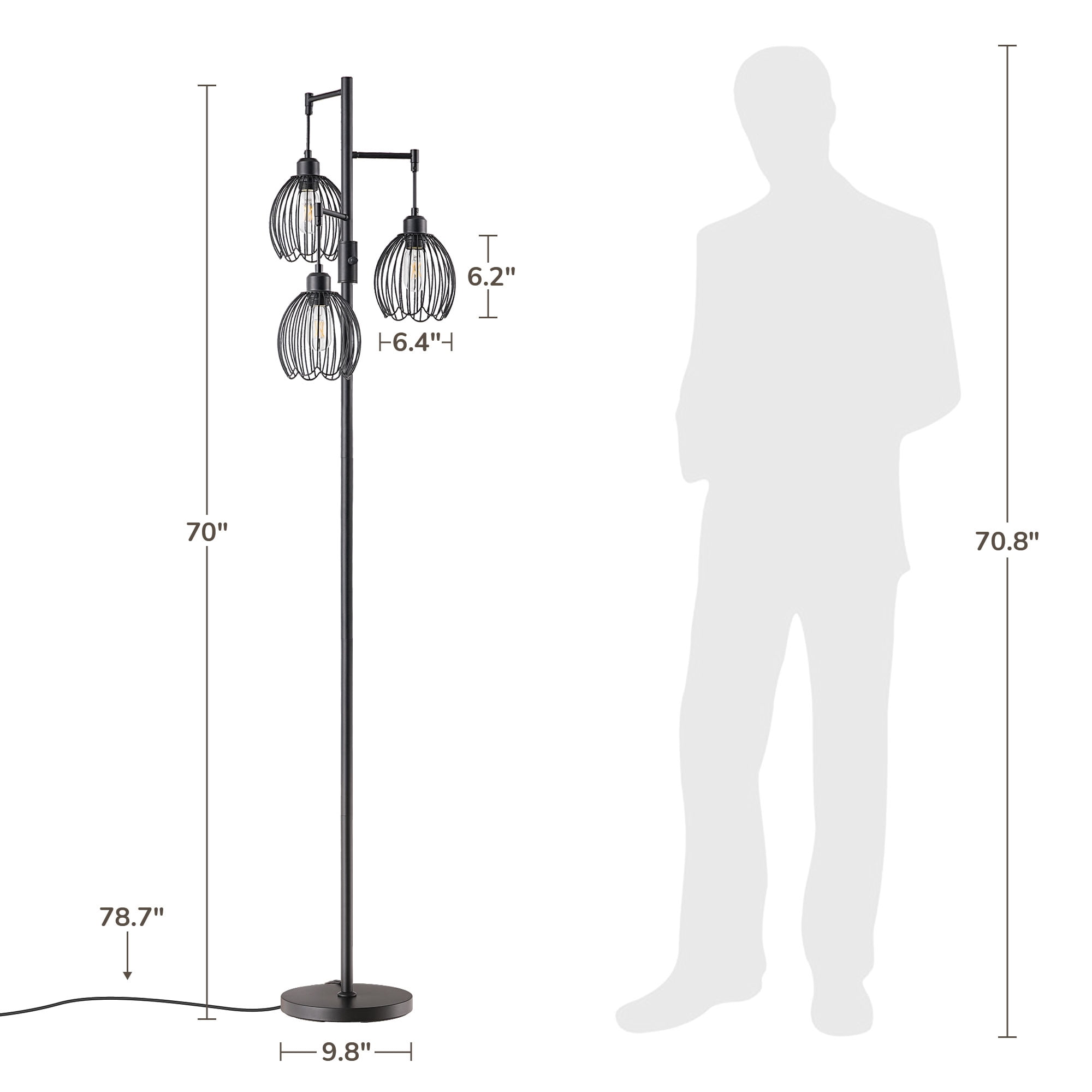 EDISHINE 69in Industrial Floor Lamps for Living Room, With 3 LED Edsion Bulbs, Black