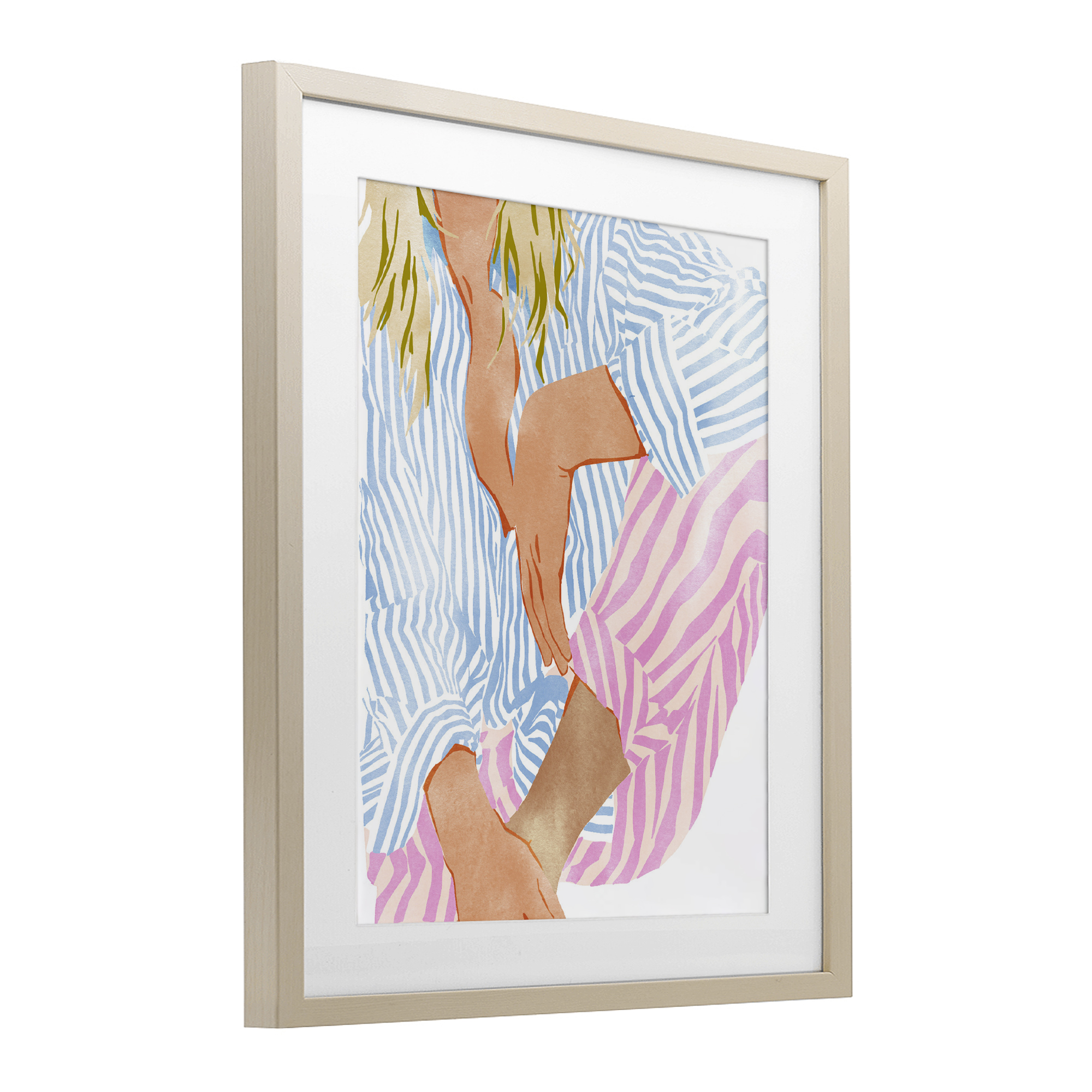 Woman in Pastel Stripes Birch Framed Print Under Glass, design by Ziwei Li