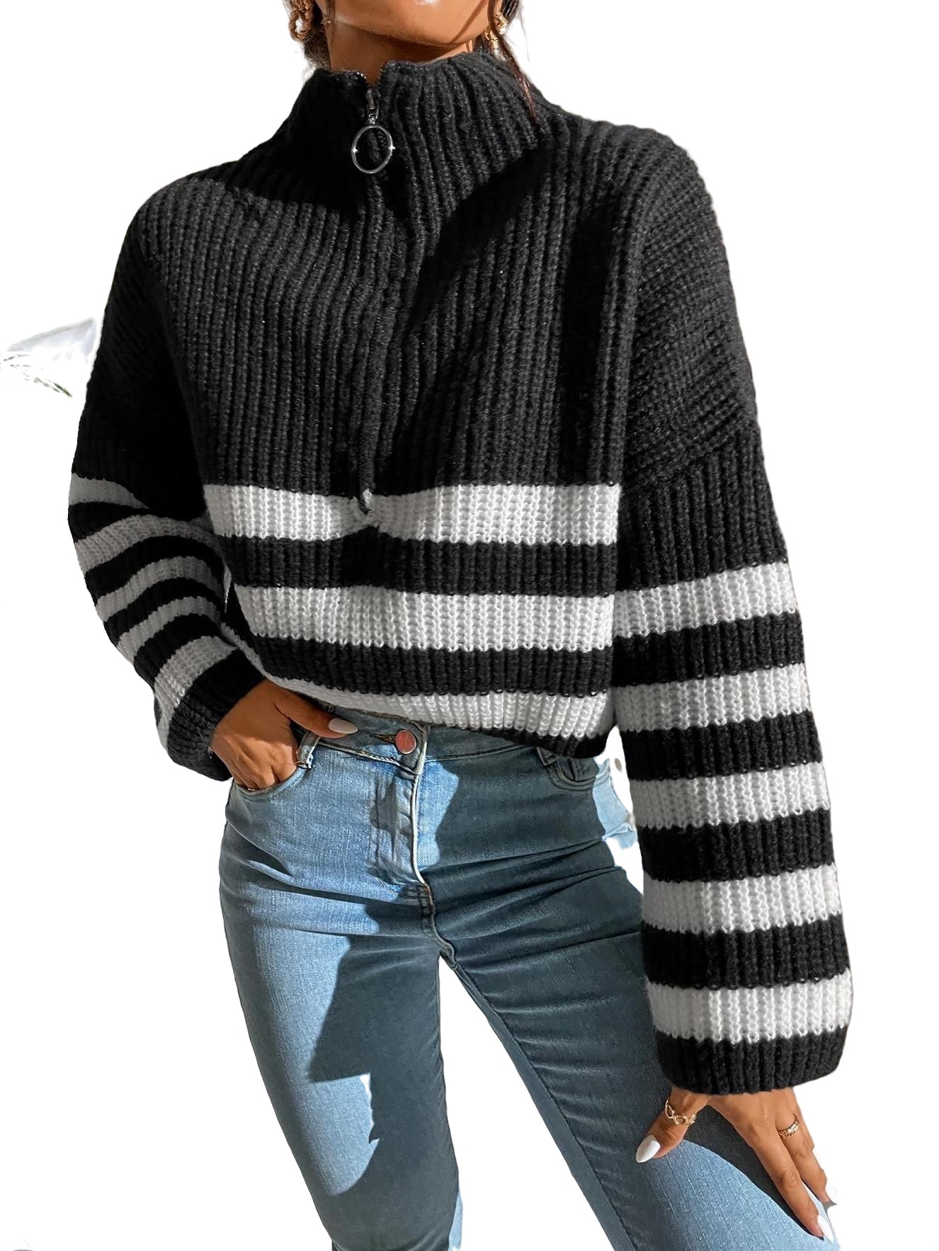 Casual Striped High Neck Pullovers Long Sleeve Black Women Sweaters