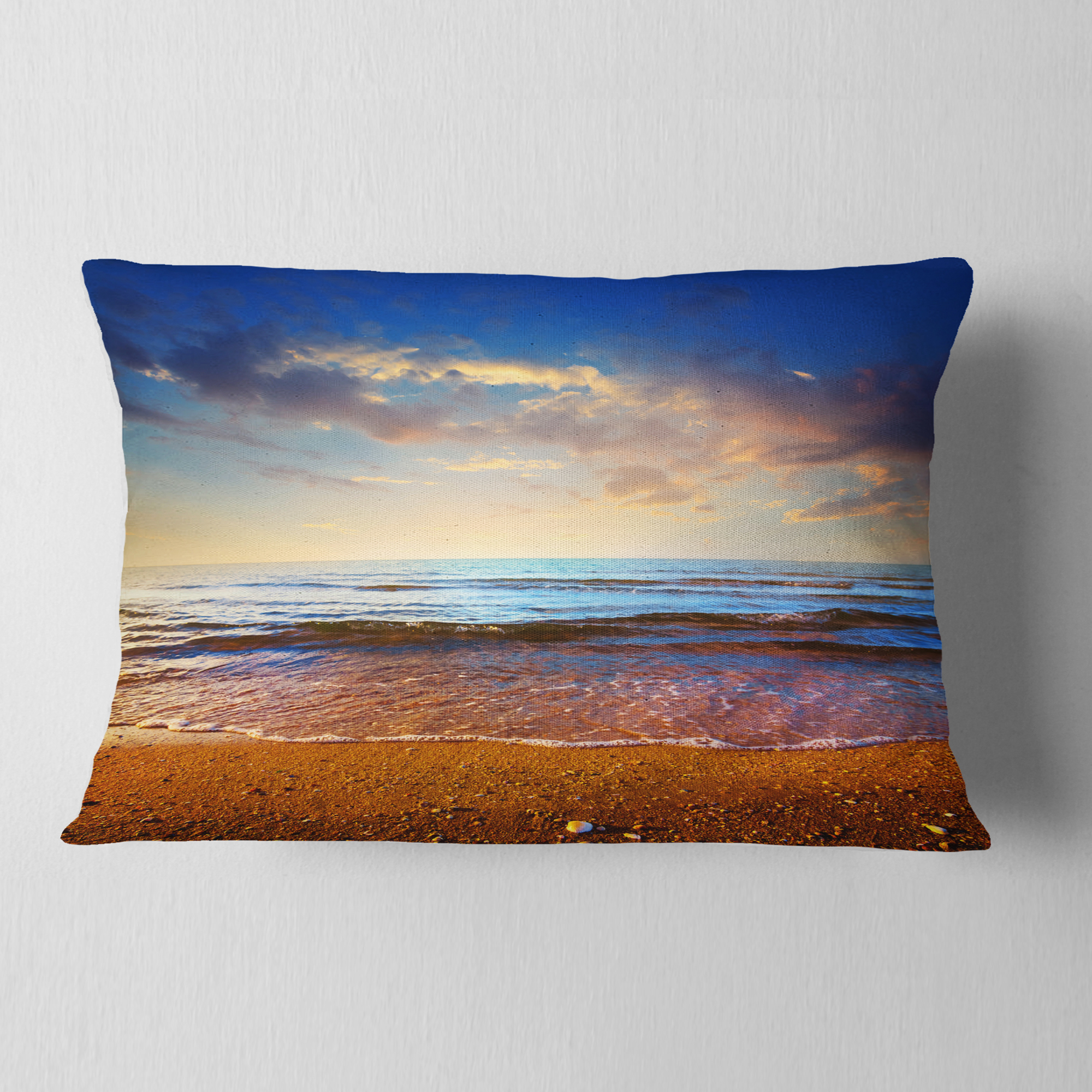 Designart Cloudy Skies with Vibrant Seashore - Modern Beach Throw Pillow - 12x20