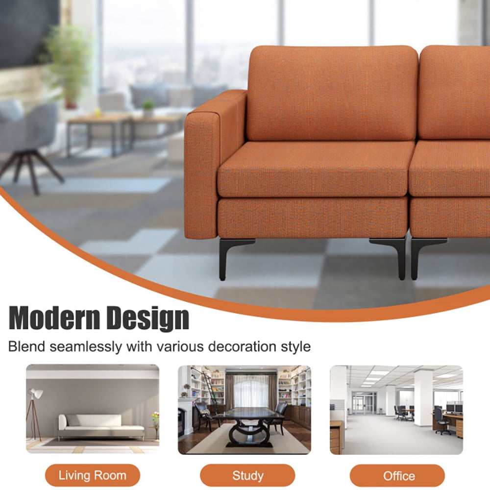 Finihen Sectional Sofa Couch, 3-Seat Sectional Sofa Couch with Armrest Magazine Pocket and Metal Leg, for Living Room, Bedroom, Orange Finihen Sectional Sofa Couch, 3-Seat Sectional Sofa Couch with Armrest Magazine Pocket and Metal Leg, for Living Room, Bedroom, Orange