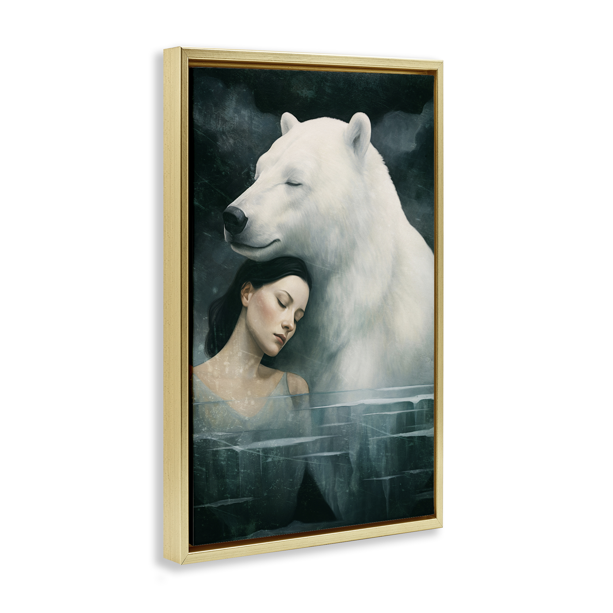 Stupell Industries Polar Bear & Woman Animals Painting Gold Floater Framed Canvas Art Print Wall Art, 21 x 31