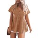 thumbnail image 1 of Blusa de manga corta con cuello en V para mujer, blusa holgada de color puro con botones y dobladillo con volantes para fiesta, color caqui XXL, 1 of 5