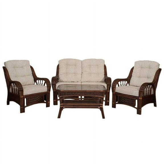 Alexa Rattan Wicker Living Room Set 4 Pieces: 2 Lounge Chair ThreeSeater/Sofa Coffee Table Dark Walnut Color Handmade Design with Cushion