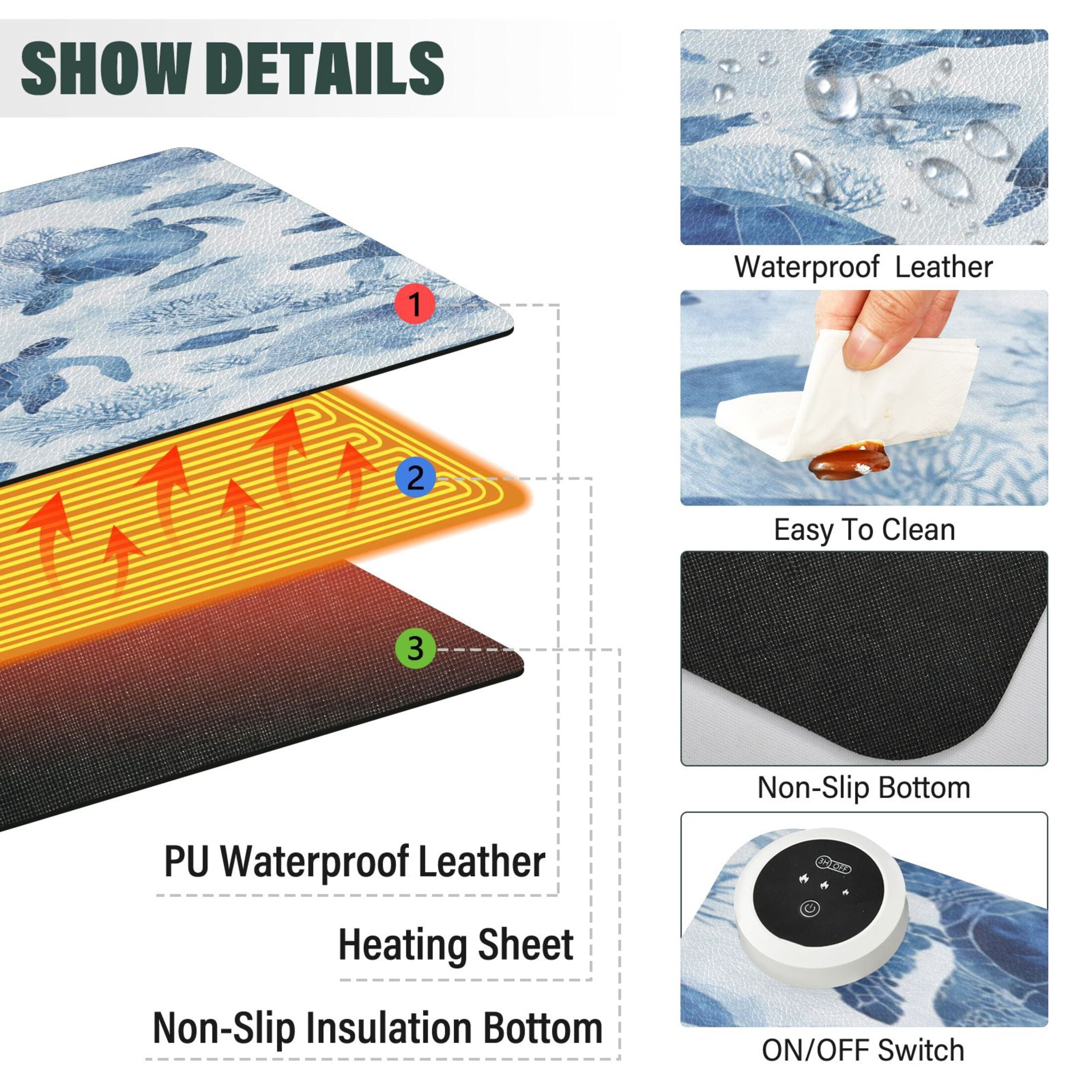 Large Heated Desk Mat Mouse Pad 31.5"x13"PU Leather Graphene Heating Desk Warmer with 3 Temperature Settings 110V US Plug Non-Slip Warm Pad for Home, Office, and Gaming Sea Turtles and Fish Swimming