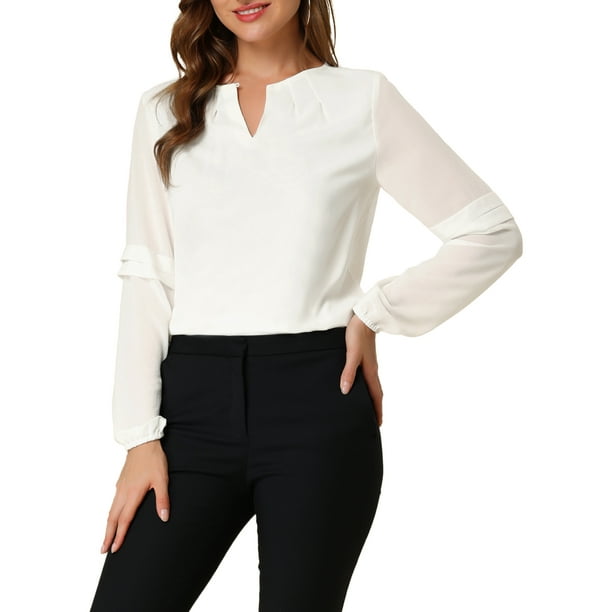 INSPIRAR CHIC Blusa de gasa para mujer con cuello de ojal, mangas de patchwork, elegante top de trabajo S blanco