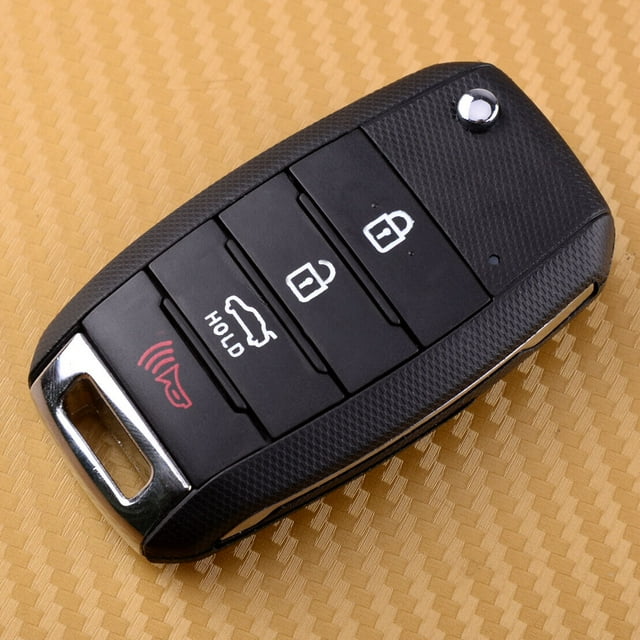 Coque de Remplacement à 4 Boutons pour Clé Compatible avec Kia Sorento, Soul et Sportage remote. la Clé Fob Présente un Corps ABS Noir avec accents Argentés et Quatre Boutons : lock, unlock, trunk release, et un Bouton de Maintien Rouge pour les Fonctions de Télécommande. la Conception Compacte Mesure 6.9x3.8x1.7 cm (2.72x1.50x0.67 Pouces) et n'Inclut Pas de Puce de Transpondeur. Idéale pour Remplacer les Coques de Clé Fob d'Origine Sans Modification.