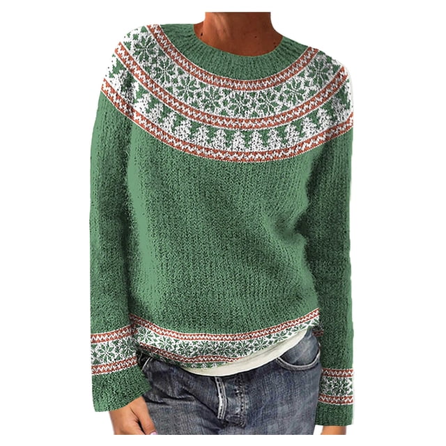 Fartey Chandail Fair Isle pour Femmes Chandail Tricoté Vintage Décontracté Ample à Manches Longues Col Rond chandail-Over Hauts Automne Hiver Chaud Chandails Vert Armée P-2TG