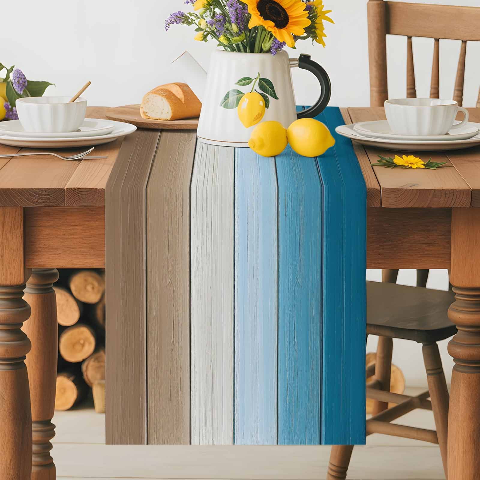 Watercolor Blue Gradient Wood Board Table Runner 90 Inches Long, Farm Brown Wooden Table Runners Tabletop Scarf Kitchen Dining Tables Decoration for Home Party Indoor Outdoor