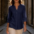 thumbnail image 3 of Perfectbot Women's Collarless Button Down Shirt, 3/4 Sleeve Cotton Linen Tunic Blouse with Curved Hem, 3 of 8