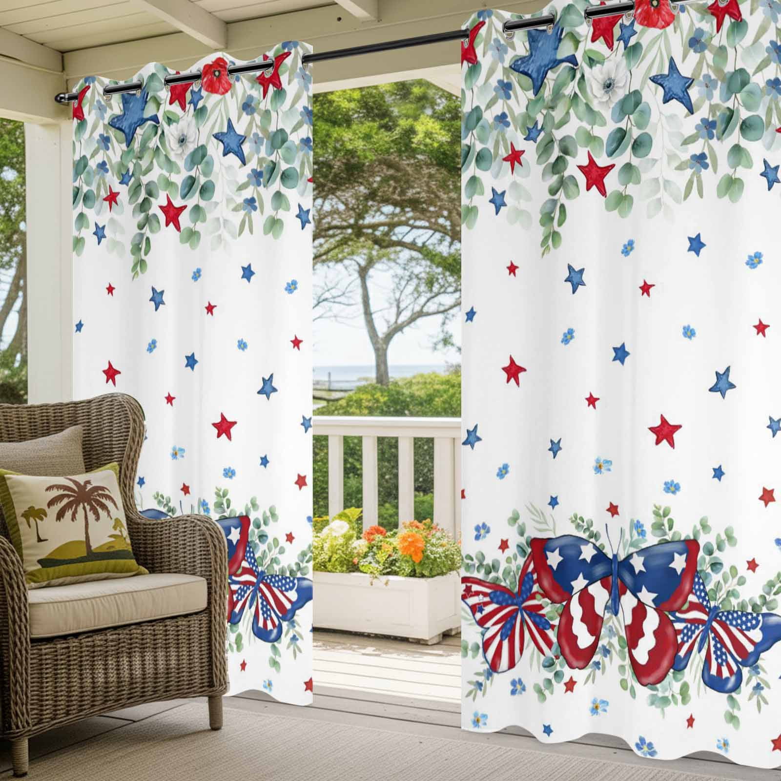 Independence Day Outdoor Curtains for Patio, Country Farmhouse Red Blue Star Butterfly Leaf Flower Sunshade Privacy Drapes Grommet Waterproof Outside Curtains for Porch Balcony 54"x108", 1 Panel