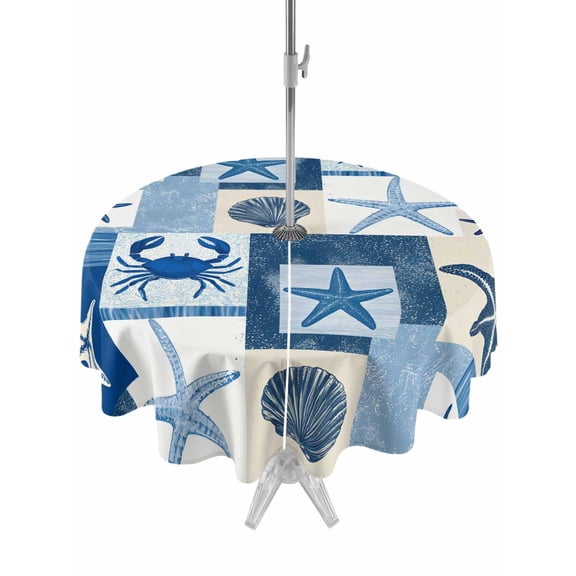 Outdoor Tablecloth with Umbrella Hole for Patio/Picnic/Party/Camping, Starfish Coastal Waterproof Table Cloth Round Cover Washable, Blue Shell Crab Nautical Summer Beach Ocean (Dia 54")
