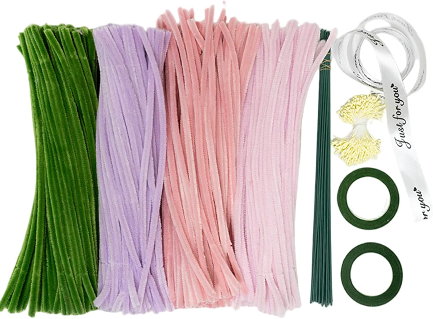 Pipe Cleaner Flower Kit Flexible Pipe Cleaners and Flower Stems with Green Craft Thread and Ribbon for DIY Floral Arrangements Kids Art Craft Projects School Classroom Creative Supplies