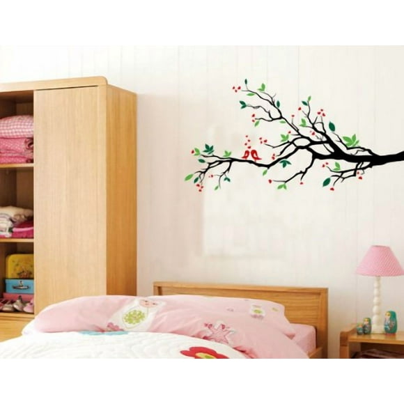 Tree Branches Wall Decal Love Birds Vinyl Sticker Nursery Leaves 56" Wide X 28" High (Right to Left, Multi Color)