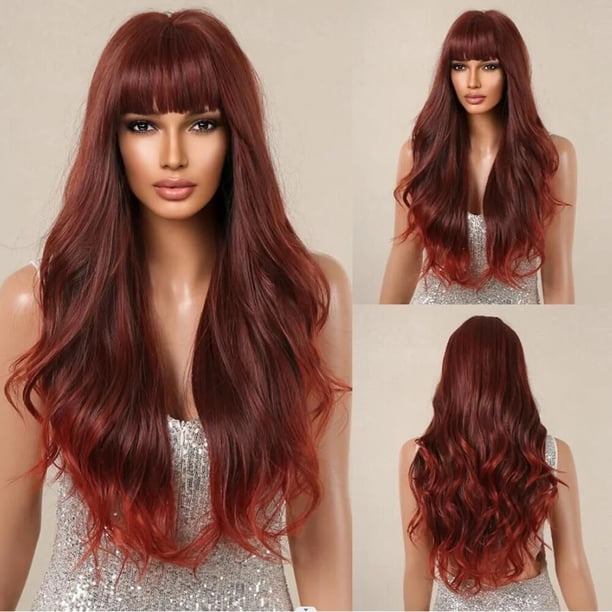 Pelucas sintéticas onduladas de cuerpo largo con flequillo para mujer, cabello rizado Natural, resistente al calor, Blanco mezclado, rojo y marrón, Cosplay