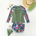 thumbnail image 2 of Baby Girl Swimsuit Long Sleeves Floral Sunscreen Rash Guard Athletic Swim Shorts Split Swimsuits Sets Girls Bathing Suits Army Green 15-16Y, 2 of 5