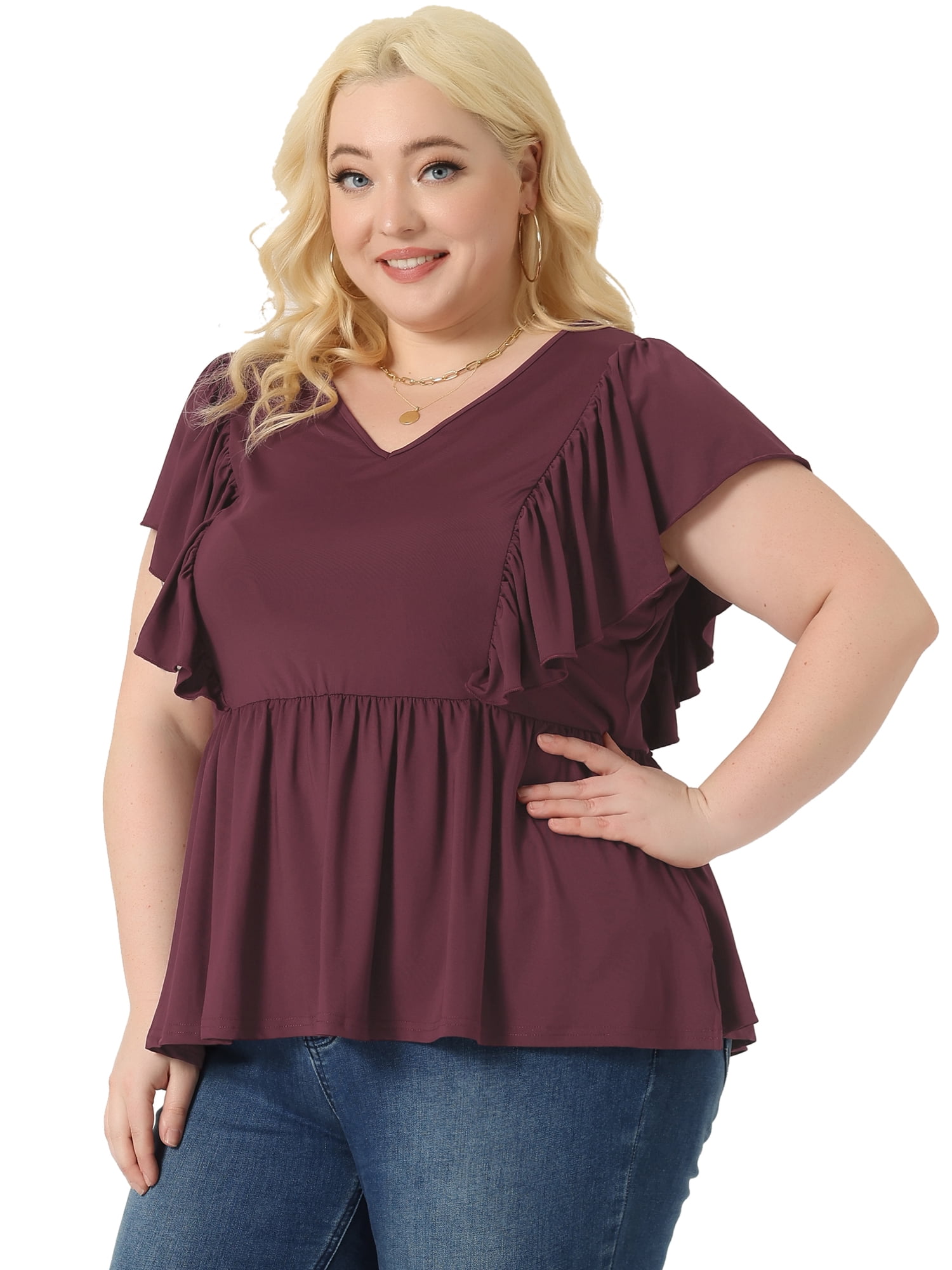 Unique Bargains Women Plus Size Tops V Neck Ruffle Sleeve Pleated Peplum Blouse Purplish Red 4X
