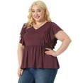 thumbnail image 2 of Unique Bargains Women Plus Size Tops V Neck Ruffle Sleeve Pleated Peplum Blouse Purplish Red 2X, 2 of 6
