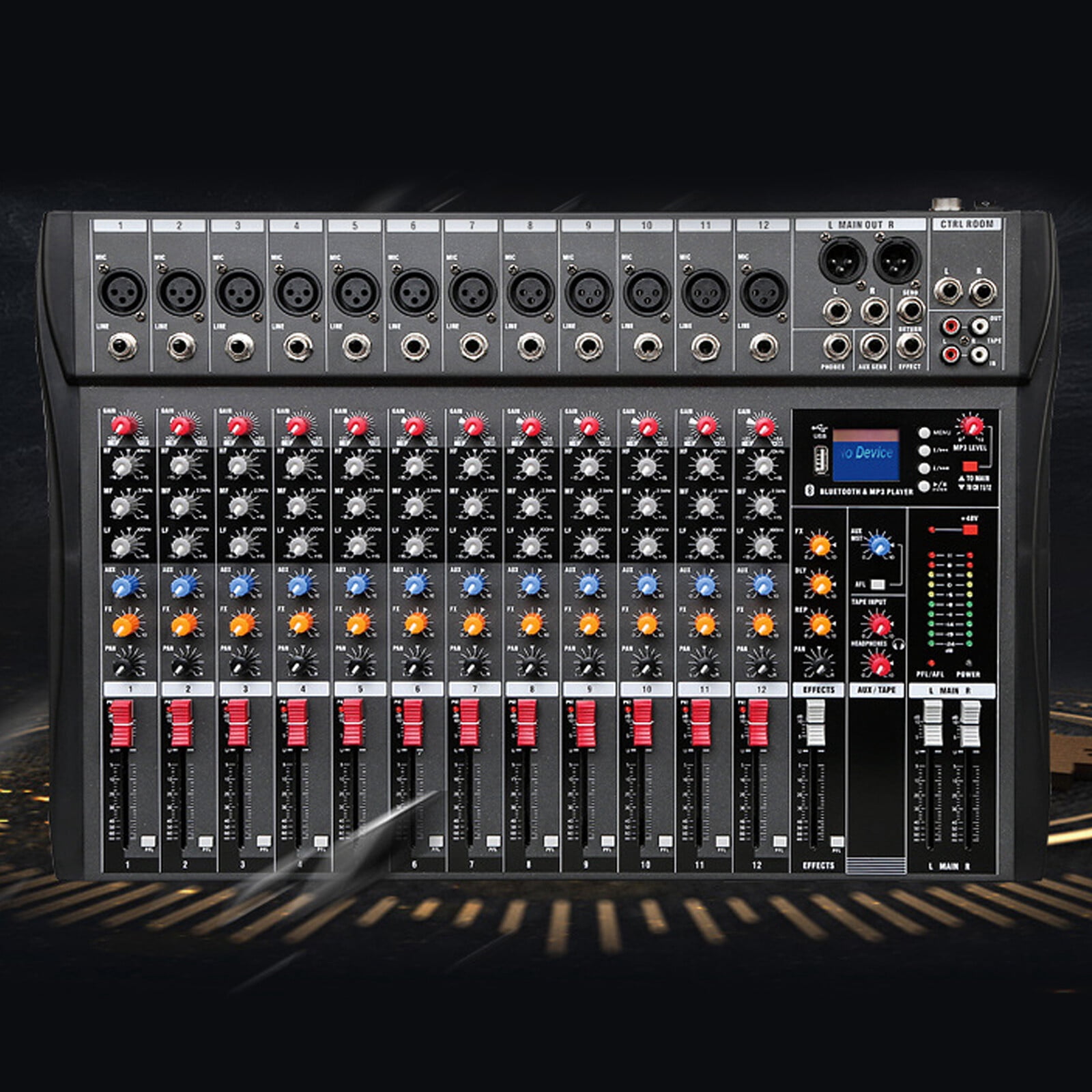 Audio Mixer, 12 Channel Mixing Console 110V, Bluetooth Audio Mixer with 3-Band EQ, Compatible with Mic, Instrument, Speaker, for Band, DJ, Event, Easy to Use