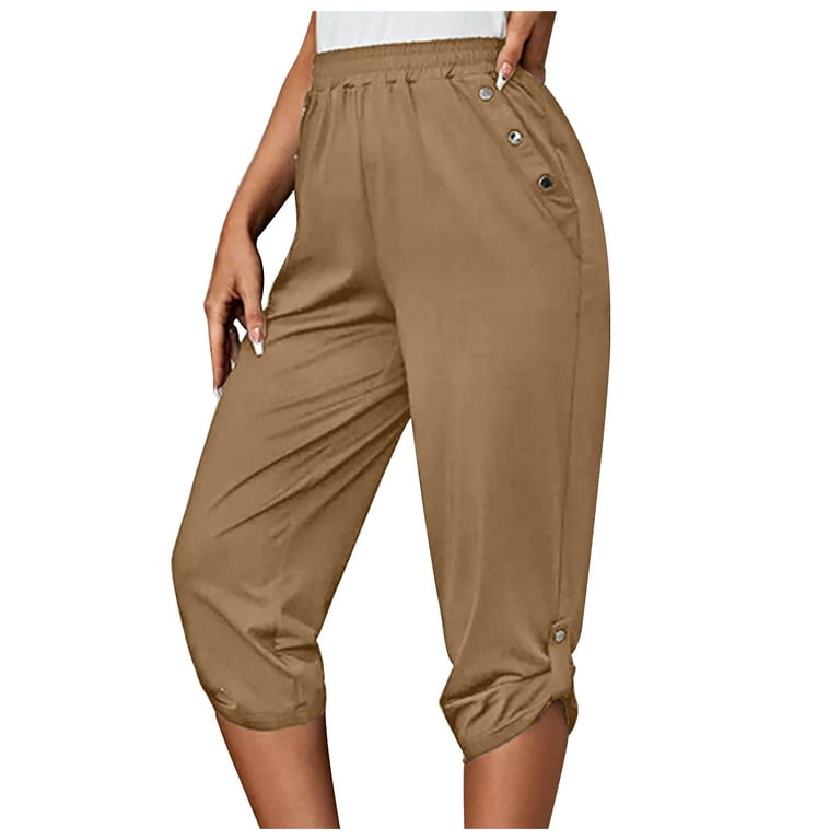 QUYUON Women High Waisted Cropped Pants Casual Summer Elastic Waist Pull on  Capris Pants Side Rolled Up Straight Leg Crop Pant Trousers with Pockets