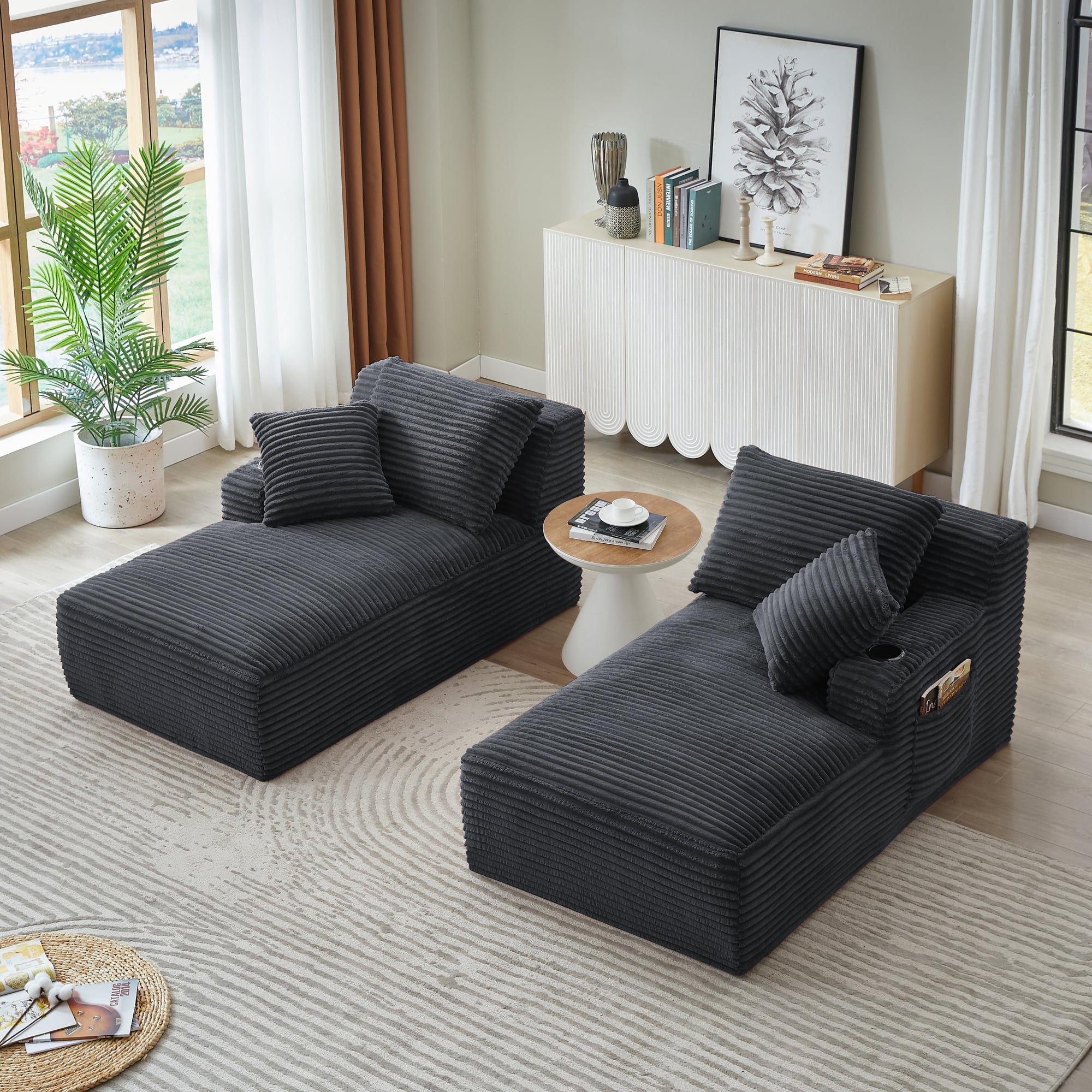 Leumius Oversized Double Chaise Lounge Sofa Bed, Boneless Lounge Sofa Bed with Cupholders,Fluffy Modern Sleeper Loveseat for Living Room,No Assembly Required,Dark Gray