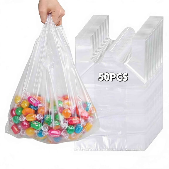 50Pcs Handled Shopping Bags/Plastic T shirt Bags, 11.8 x 17.7inch Carry Out Plastic Grocery Bags