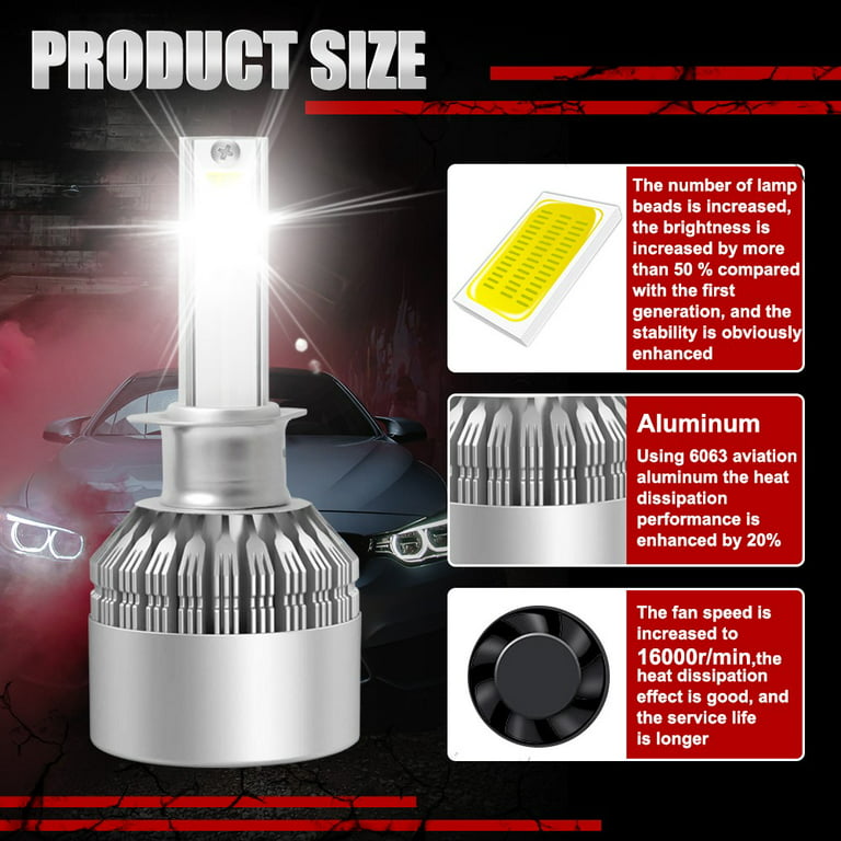 XFX Silver H1 2-Side COB LED Headlight Bulbs 72W 12000lm 6000K Cool White 2pcs