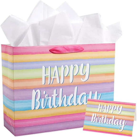 1 Set Colorful Striped Paper Bag Multicolor Paper Bags 13x10.2x4.7in Rainbow Present Greeting Card 3 Sheets Tissue Birthday Tote with Handles for Party Favor Shower Wedding Anniversaries DIY