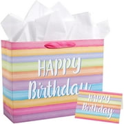 1 Set Colorful Striped Paper Bag Multicolor Paper Bags 13x10.2x4.7in Rainbow Present Greeting Card 3 Sheets Tissue Birthday Tote with Handles for Party Favor Shower Wedding Anniversaries Colorful