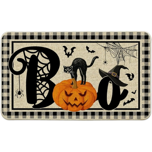 NIETEIN Halloween Door Mat Pumpkin Cat Gnomes Non-Slip Washable 31.5x19.7 Inch (Black Cat Pumpkin Bat)
