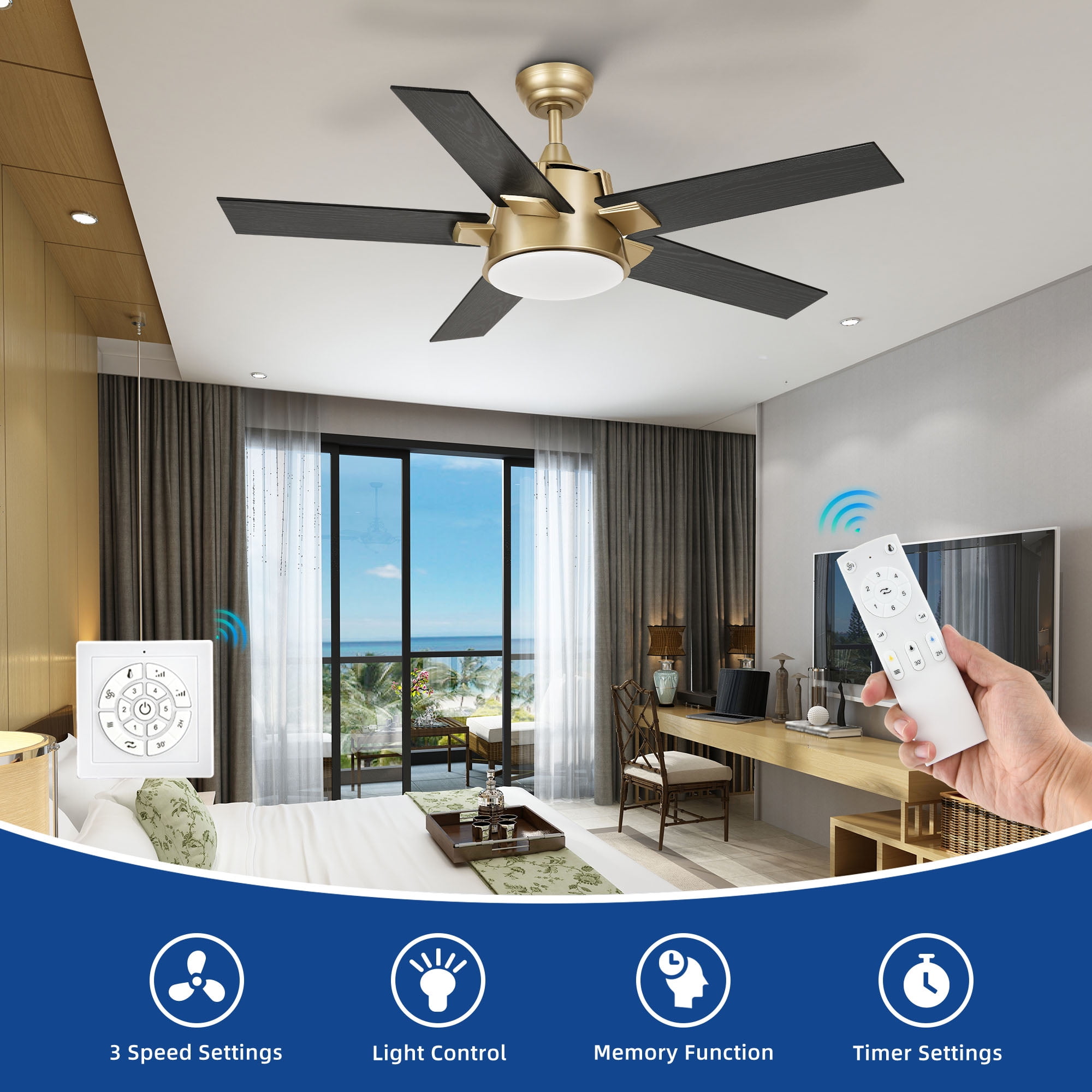 Dextrus 52in Modern Black Gold Ceiling Fan with Light and Wall Switch Remote, 6-Speed 5 Blades Memory Function for Bedroom Living Room Patio