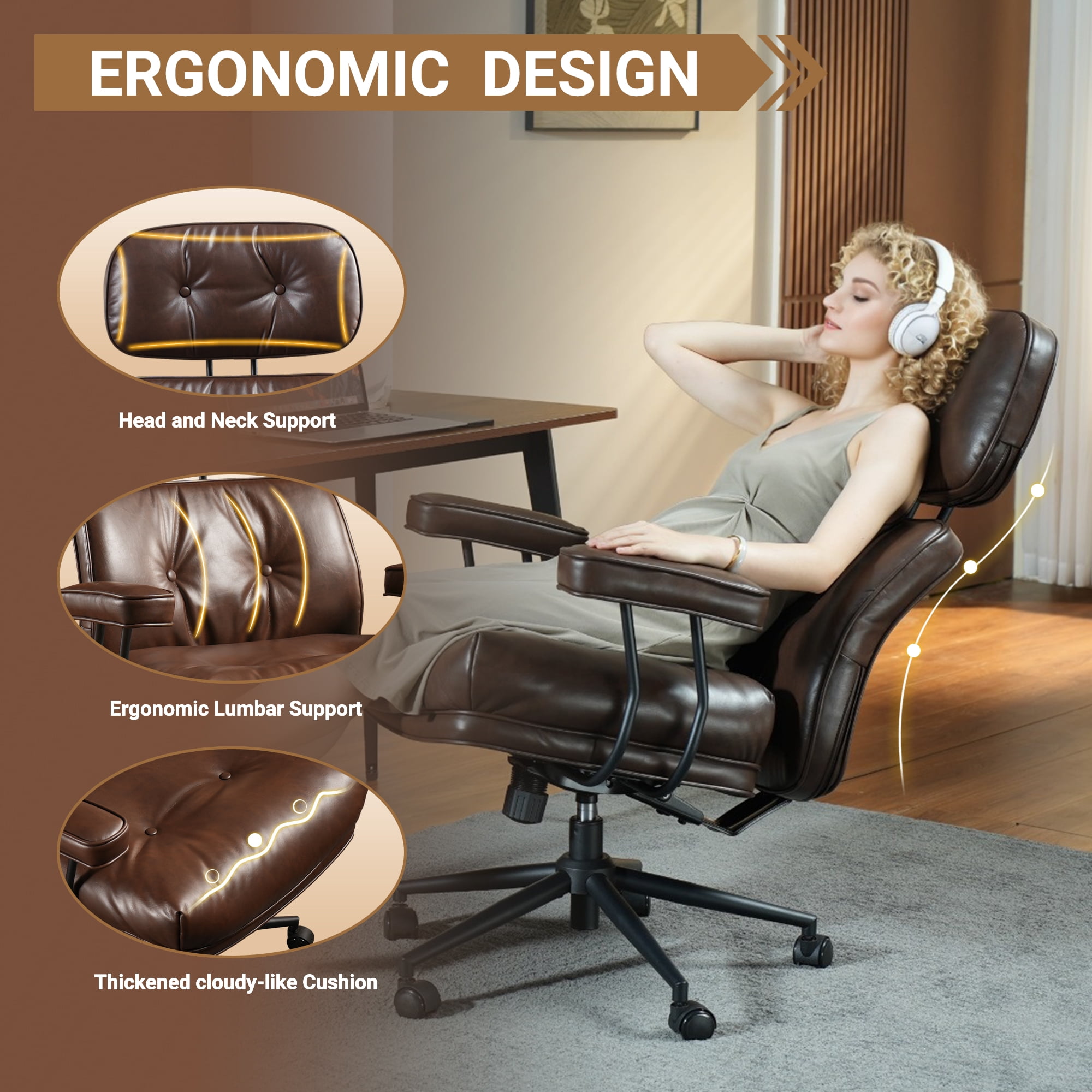 Ovios PU Leather Office Chair High Back Ergonomic Desk Chair with Lumbar Support Mid-Century Executive Computer Chair with Wheels for Home Office, Dark Brown