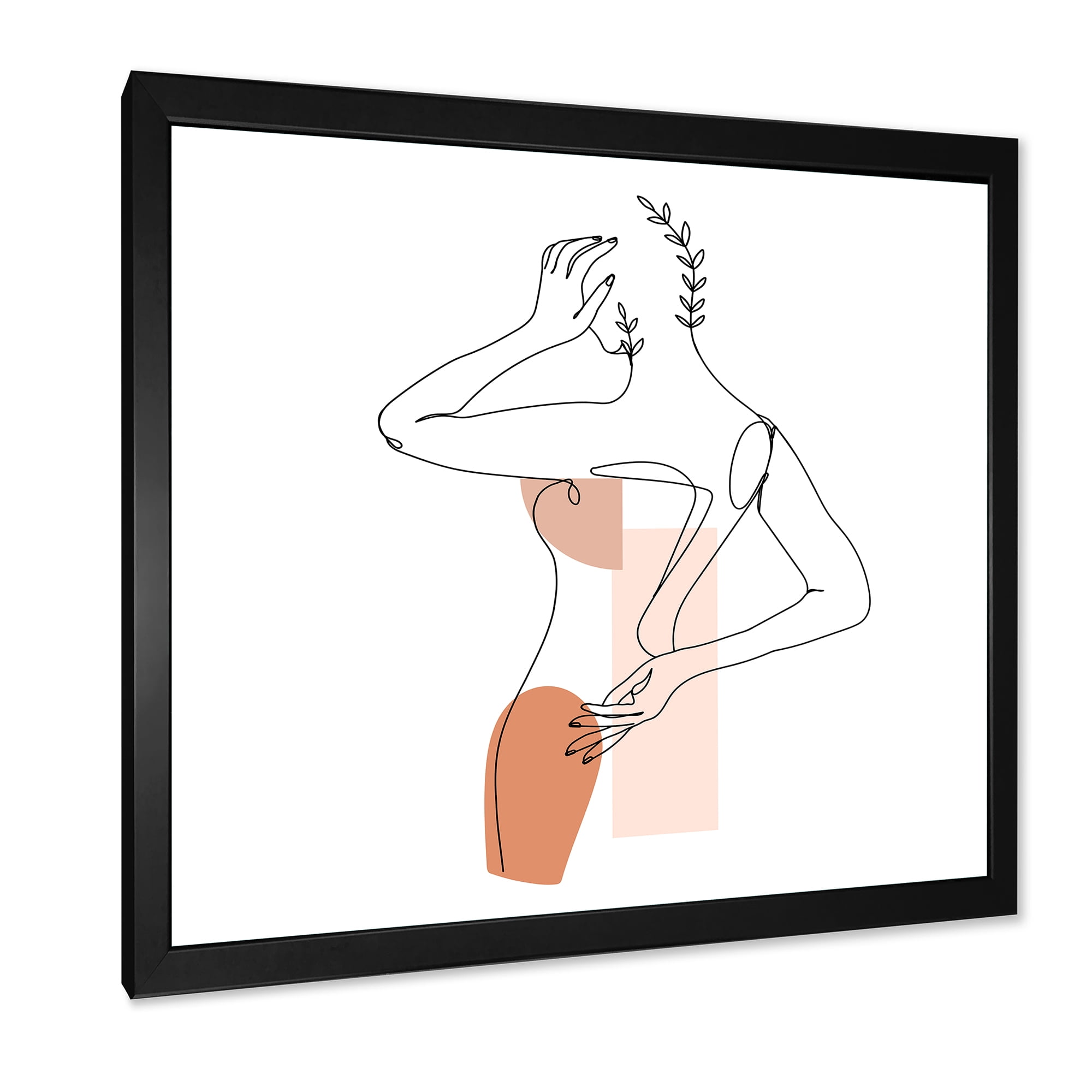 Designart 'One Line Woman Portrait With Shapes and Leaves II' Modern Framed Art Print