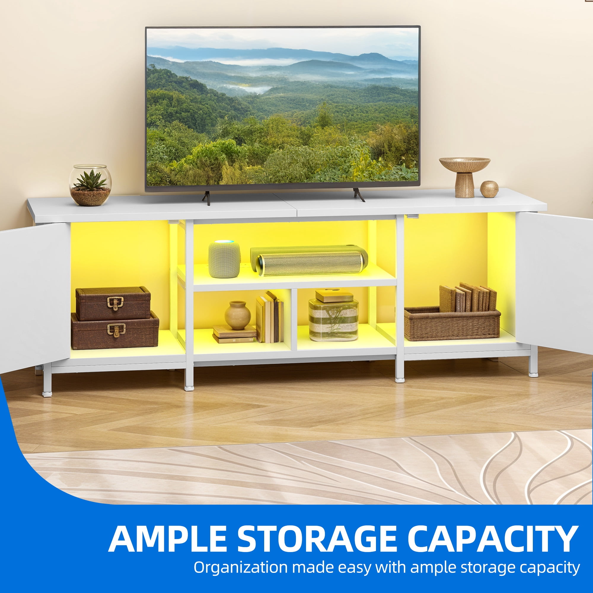 Uforic Farmhouse TV Stand with LED & Charging, Storage Cabinet and Shelves for TVs up to 70", White