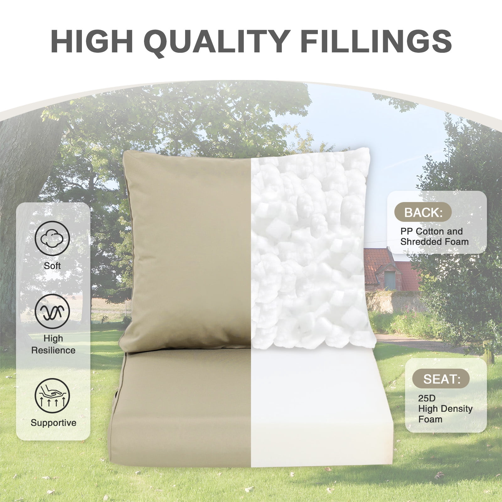 Aoodor Outdoor Chair Cushions Set, 24"x24", Water and Fade Resistant Patio Furniture Deep Seat Cushions, Khaki
