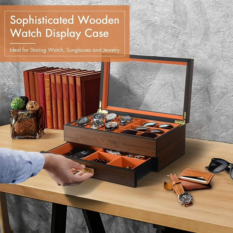 Watch Box Organizer for Men 6 Slot Luxury Watch Display Case Wood Jewelry Organizer with Drawer Watch Holder with Real Glass Top Watch Storage Gift