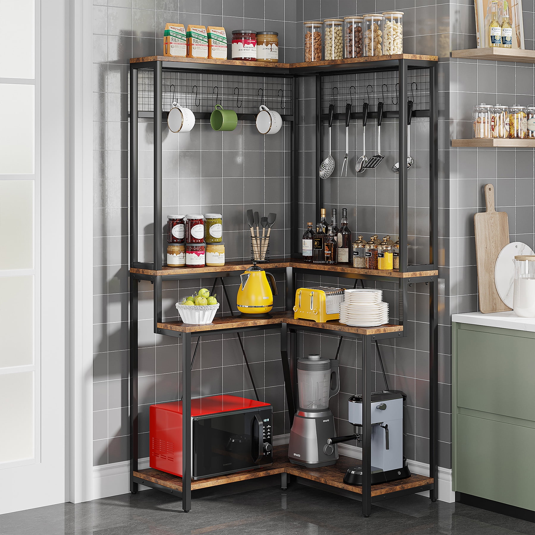 Tribesigns Corner Bakers Rack for Kitchen 8 Shelves Kitchen Storage Rack with 15 Hanging Hooks Walmart