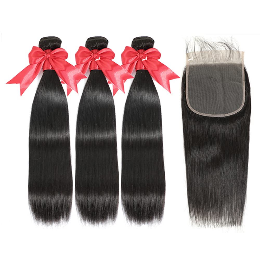 MDL Straight Human Hair 3 Bundles with Closure 14 16 18+12  display picture 3