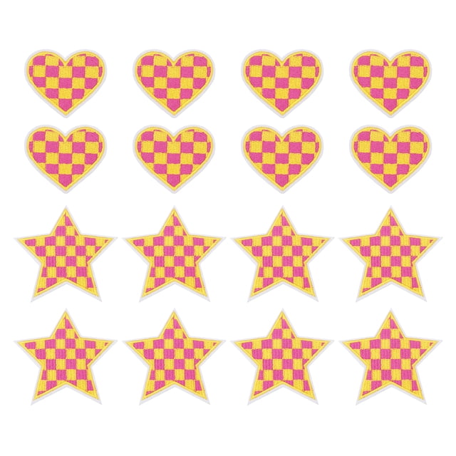 Uxcell 32 Pcs Parches Bordados de Corazón Estrella a Planchar Aplicaciones Parches para Chaqueta Colección de Denim Ropa Vestidos Sombreros Jeans Accesorio DIY, Amarillo/Rojo Rosa