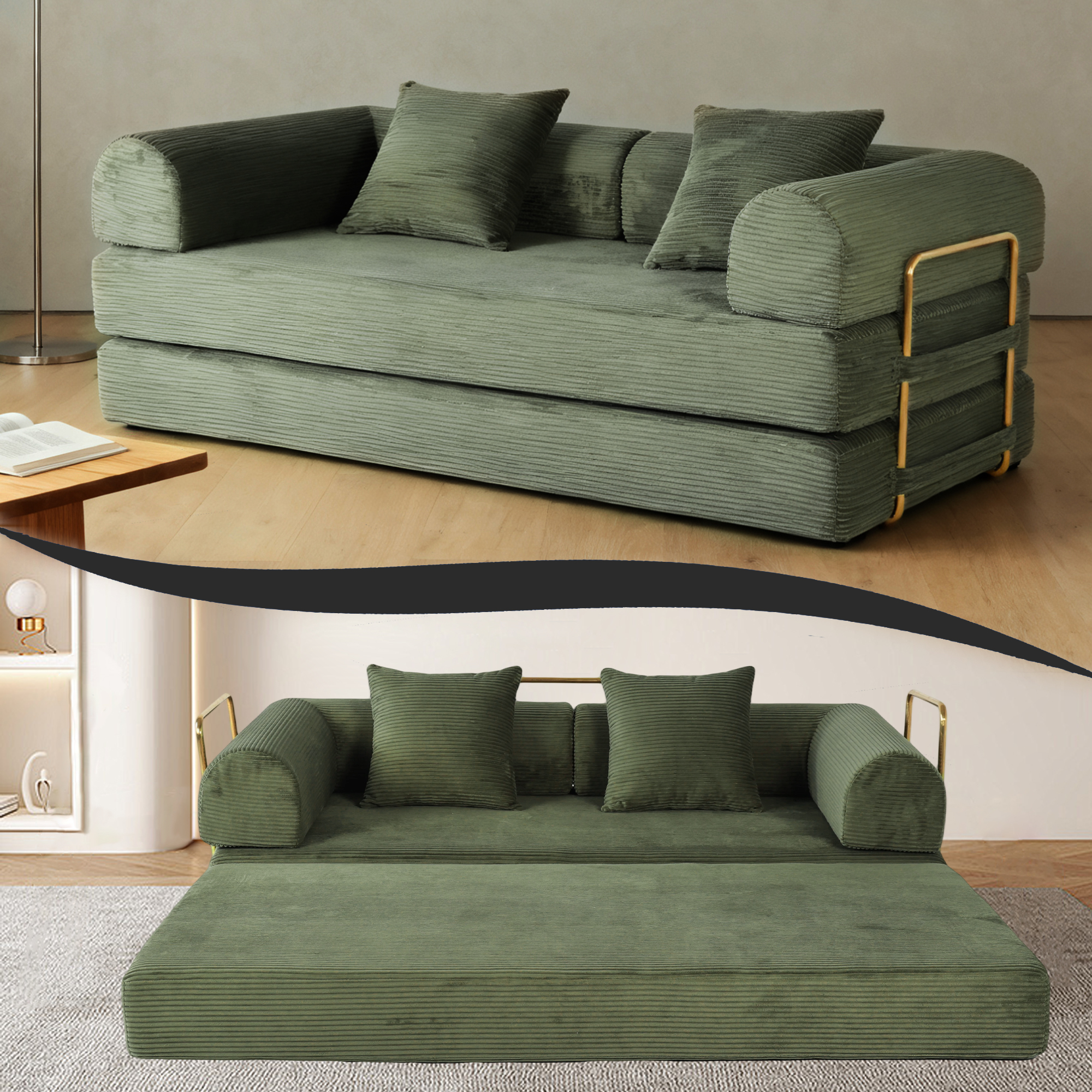 2-in-1 Foldable Sofa Bed 75 Inch Folding Couch Convertible Compressed Sleeper Sofabed Memory Foam Faux Fur Upholstered Cloud Couch Mattress Bed 2 Pillows Green