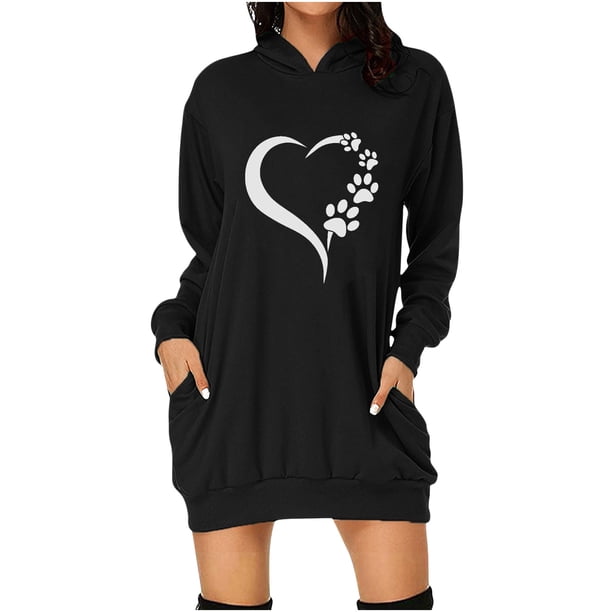 Vestido de sudadera con capucha de manga larga con estampado de corazón de amor del día de San Valentín para mujer Pompotops hdfakjf2102