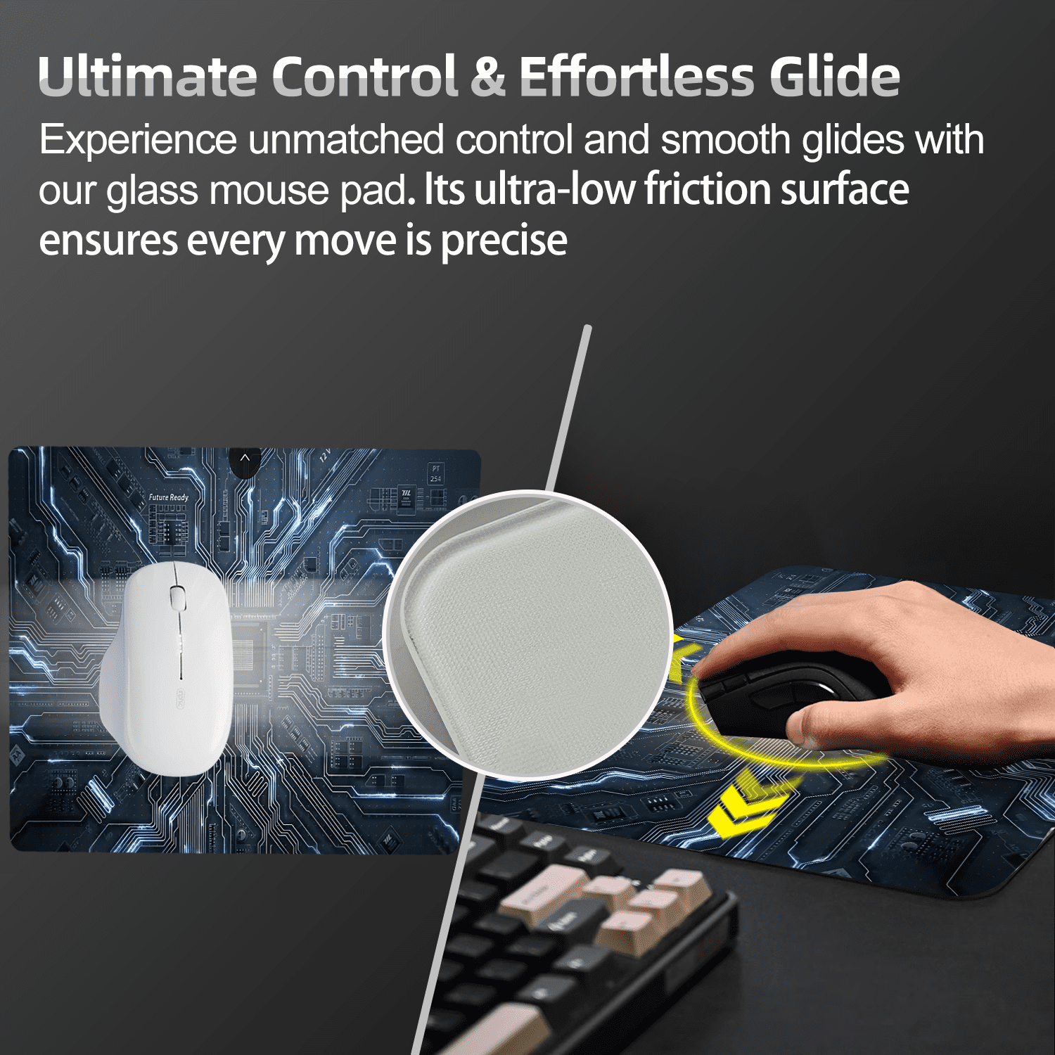 Devineresse Glass Mousepad for Gaming, Technology Chip Hard Mouse Pad, Ultra-Smooth Surface for Enhanced Speed&Control, Durable&Easy to Clean, Includes Anti-Wear&Cleaning Accessories, 35cm*26cm